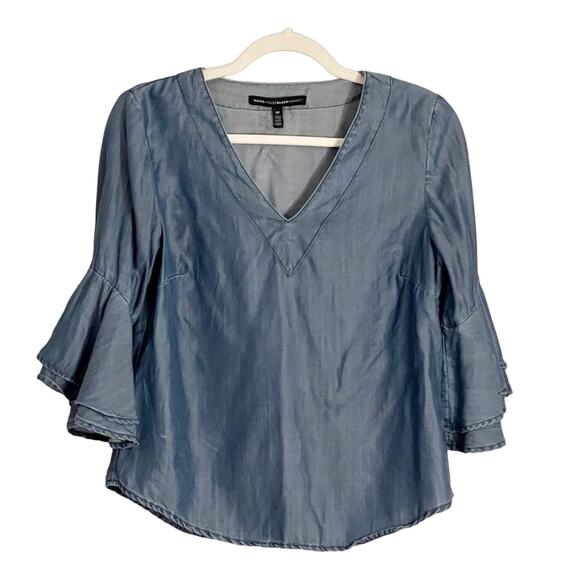 WHBM The Carmen Lyocel Denim Bell-Sleeve Blouse Size 6 Petite - Picture 5 of 11